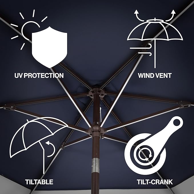 JONATHAN Y Spencer 9 ft. Solar Powered LED Patio Umbrella with Crank and Tilt, Hexagon Outdoor Market Sunshade for Garden, Deck and Pool, Navy/White, Dark Brown Pole UMB1100A