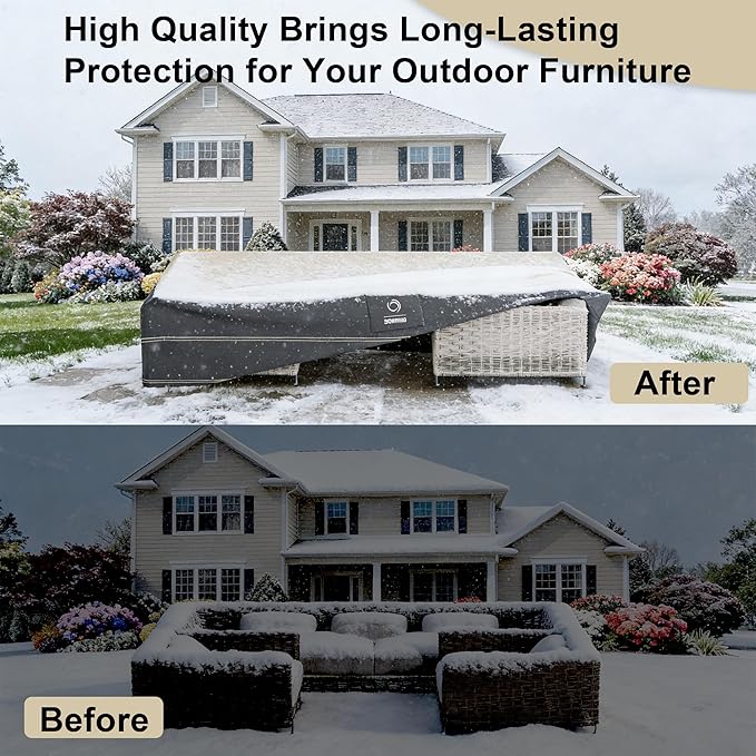 Heavy Duty Waterproof Outdoor Patio Furniture Covers - All Weather Protection for Sectional Sofa, Dining Table & Chair Set, Protector Cover (Beige & Black, Rectangular-90" L x 64" W x 28"H)