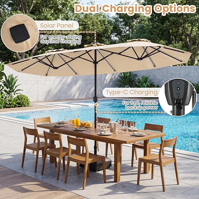 Tangkula 13 Ft Solar Patio Umbrella, Double-Sided Extra Large Outdoor Market Table Umbrella with 108 Multi-Colored Flowing LED Lights, Crank Handle, 12 Sturdy Ribs for Poolside, Garden & Backyard (Beige)