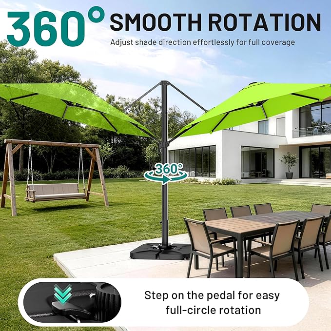 AreShark 11FT Round Cantilever Patio Umbrella with Base Included, 360° Rotation Offset Outdoor Umbrella, 5 Tilt Settings Heavy Duty Hanging Parasol for Deck Garden Pool, Apple Green