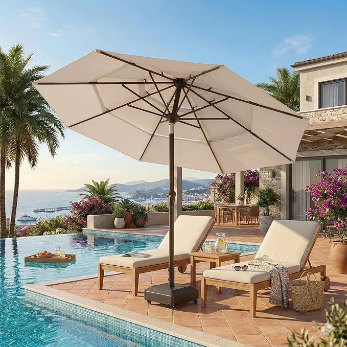 10ft Patio Umbrella, 3 Tier Outdoor Market Table Umbrellas with 8 Fiberglass Ribs and Push Button Tilt, Windproof, Vented Canopy, UV Protection for Deck, Pool, Backyard