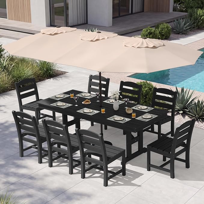 KINGYES 8-Person Outdoor Patio Dining Set with Patio Umbrella,84 inch HDPE Rectangular Table and Chairs Set，Waterproof Furniture Set with Umbrella Hole for Backyard,Black
