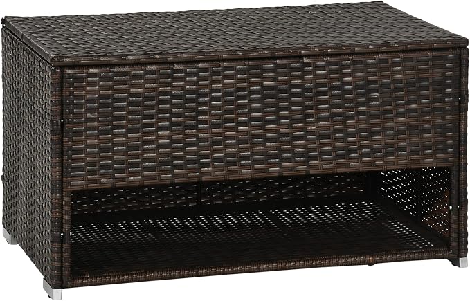 Outdoor Deck Box Shoe Storage, PE Rattan Wicker Towel Rack with Liner for Indoor, Outdoor, Patio Furniture Cushions, Pool, Toys, Garden Tools, Brown