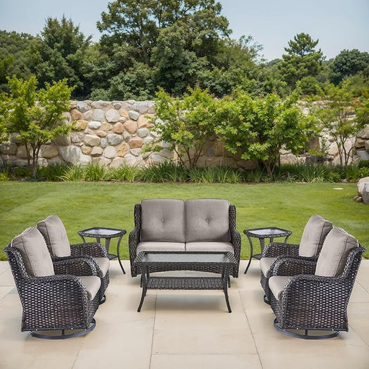 Patio Loveseat Glider Set, Resin Wicker Loveseat Glider with 4 Swivel Patio Chiars Coffee Table 2 Side Table, 8 Piece Patio Conversation Loveseat Set, Brown Wicker|Grey Cushions