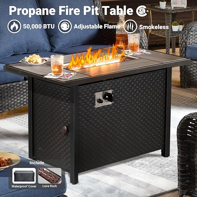 ovios 6-Pieces Patio Furniture Set with 42 Inch Fire Pit Table, Outdoor Wicker Sofa Couch Ottomans Comfy Cushions, High Back Modern Conversation Set, Grey Rattan, Denim Blue