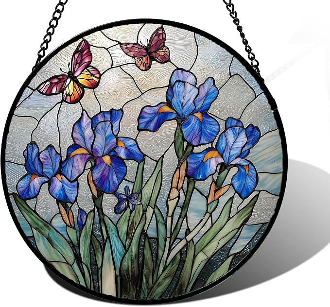 DASTOLL Stained Glass Window Hanging, Blue Iris Flowers Butterfly Suncatcher Diamond Colorful Glass Panel Sun Catchers Decor for Birthday for Women, Men, Wife, Aunt, and Mom 6.3 in