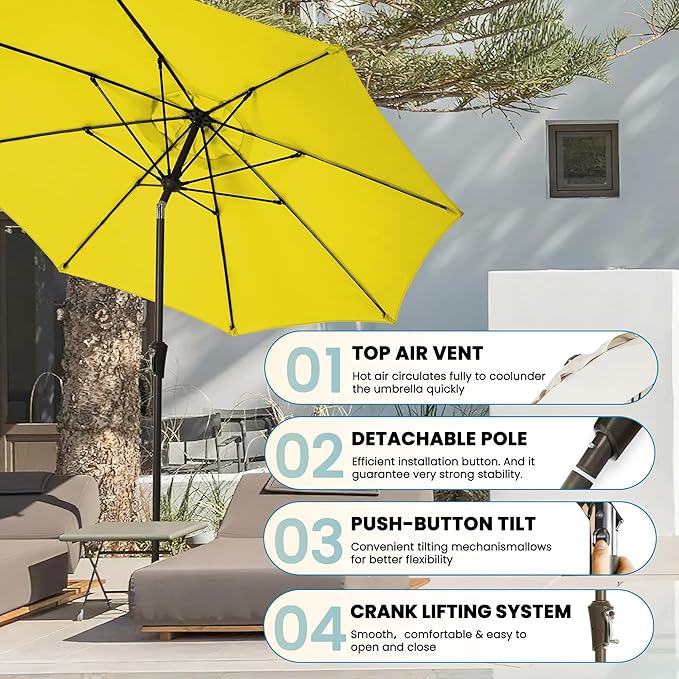 9FT Large Outdoor Patio Umbrella Pool Market Umbrella-UV Resistant, Easy Push Button Tilt and Crank, 8 Sturdy Ribs Heavy-Duty Table Umbrella for Deck, Backyard, Garden(Yellow)