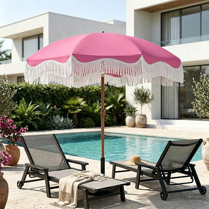 7FT Patio Umbrella with Fringe, Outdoor Tassel Umbrella with Fiberglass Ribs, Boho Beach Umbrella, Push Button Tilt and Carrying Bag, UPF50+