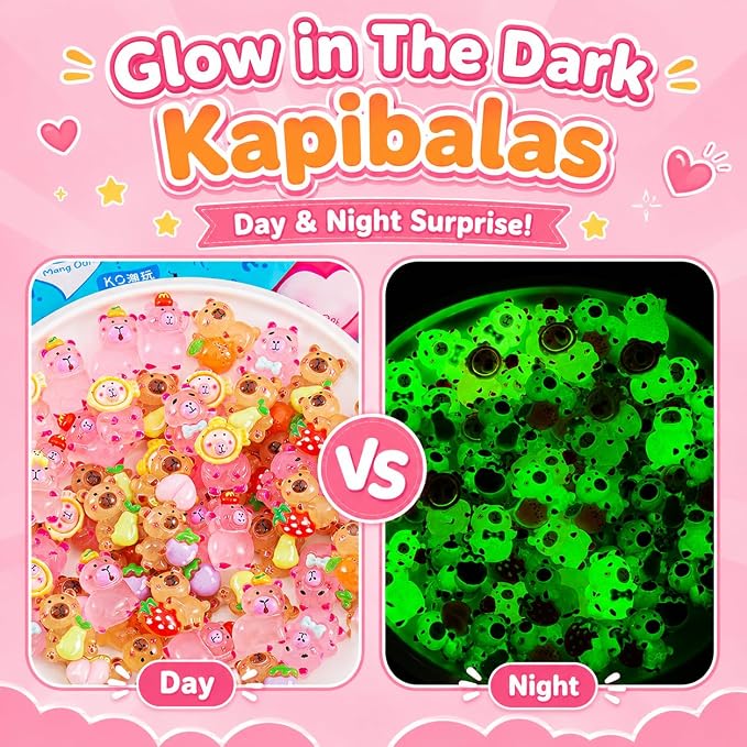50 PCS Mystery Bag Mini Resin Capybara Blind Bags, Cute Glow in The Dark & Regular Capybara Figurines Surprise Box Toys for Kids, Tiny Collectible Party Favors, Cake Toppers, Phone Case Charms
