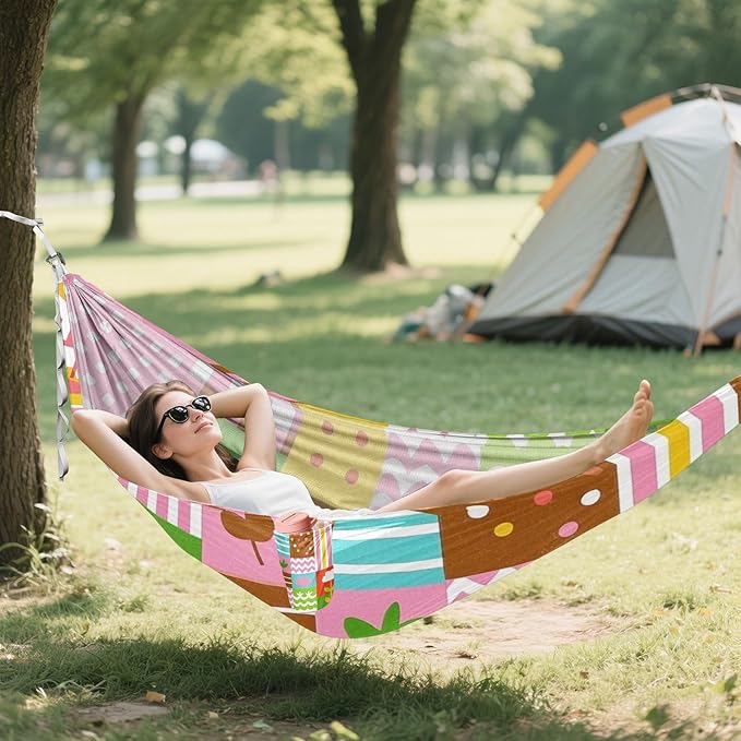 Cartoon Cute Colorful Plaid 330lb Capacity Camping Hammock Cloth Hammock for Camping & Hiking Essential jamaca para Patio