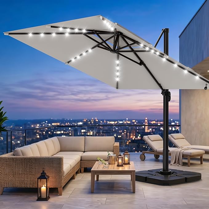 AreShark 10×10FT Solar LED Cantilever Umbrella, Double-Top Outdoor Patio Offset with 360 Degree Rotation, Square Offset Hanging Umbrella for Garden Deck Pool, Light Grey