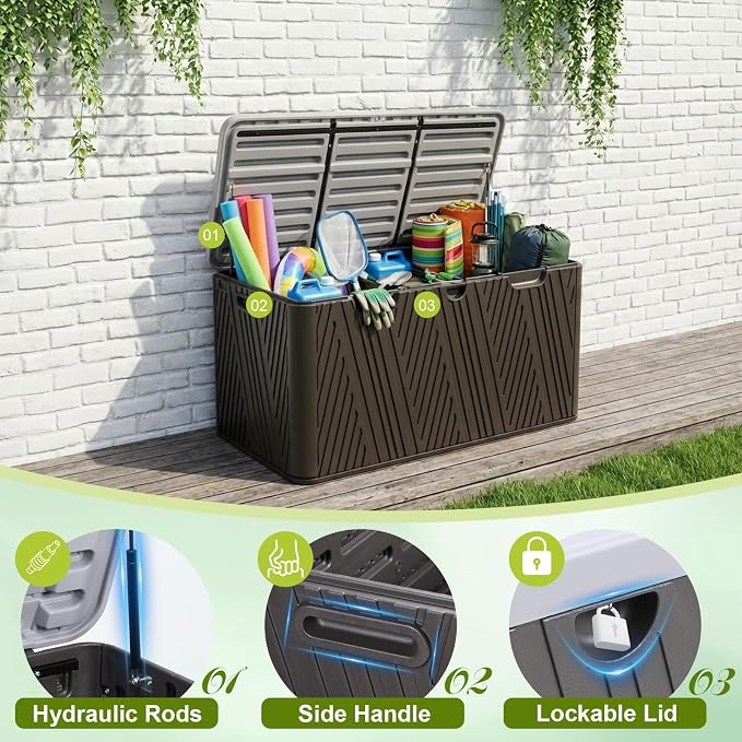 BPS 85 Gallon Resin Deck Box, Outdoor Storage Box Waterproof & Weather-Resistant Lockable, Large Patio Storage Container for Cushions, Garden Tools