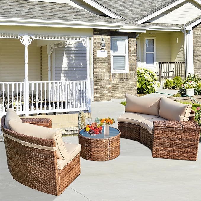 ECOTOUGE Outdoor Patio Furniture Set, 7-Piece Half-Moon All-Weather Wicker Curved Outdoor Sofa, Rattan Conversation Set with Storage Table, Fit for Pool, Backyard, Balcony, Garden(Brown&Beige)