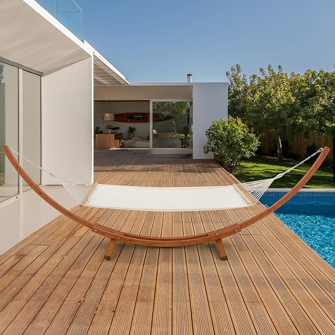 ECOTOUGE 13 FT Hammock with Stand for Outside, 2 Person Heavy Duty Wooden Hammock Stand, Large Hammock Bed for Porch, Patio, Balcony, Garden, Backyard, White-Yellow