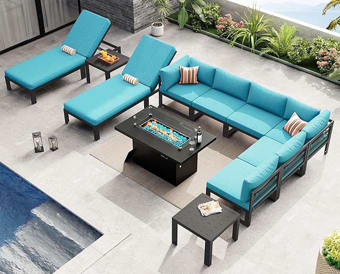 NICESOUL 11 Piece Extra Large Contemporary Aluminum Outdoor Furniture Set with Chaise Lounge & Fire Pit Table, 29" Deep Couch Set, 500 lbs High Weight Capacity Patio Sectional Sofa for Poolside, Teal