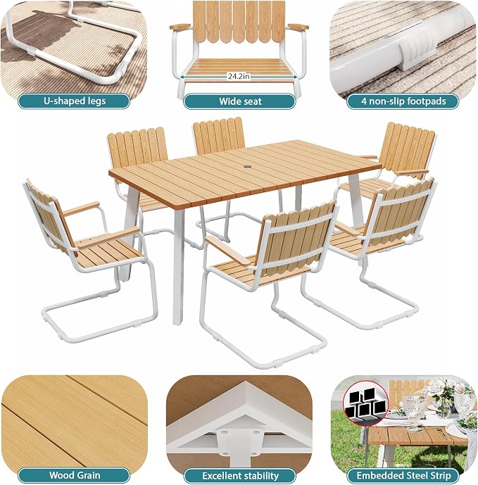 7 Piece Outdoor Conversation Set for 6, HDPE Patio Seating Set with Table and Chairs, All-Weather Outdoor Lounge Furniture with Umbrella Hole for Garden, Porch, Poolside, White & Teak