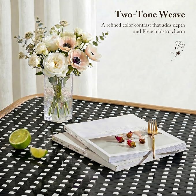 PURPLE LEAF 3-Piece French Bistro Dining Set Square Outdoor Patio Table and 2 Armless Chairs Tempered Glass Top PE Rattan Bamboo Print Finish Aluminum Frame Black