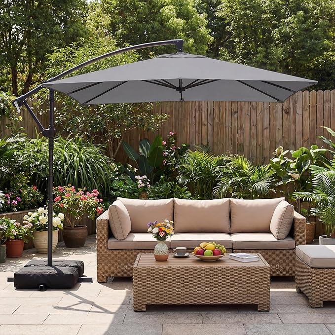 Tangkula 8x8 FT Patio Umbrella with Base Included, Square Offset Cantilever Outdoor Umbrella with 360 Degree Rotation, Crank Handle, Sandbags, 8 Ribs for Pool Deck Garden Backyard