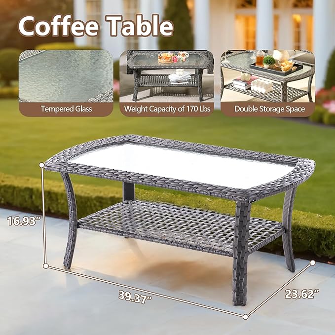 4 PCS Outdoor Patio Furniture Set with Glass Table, All-Weather Rattan Wicker Outdoor Conversation Set with Thickened Cushions for Balcony Backyard Garden Lawn,Dark Grey