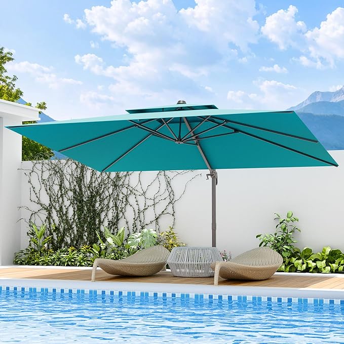 9x12 FT Patio Umbrella with base, Large Cantilever Rectangular Double Top Heavy Duty Offset Umbrellas with 360° Rotation, Outdoor shade for Garden Deck Pool, Turquoise