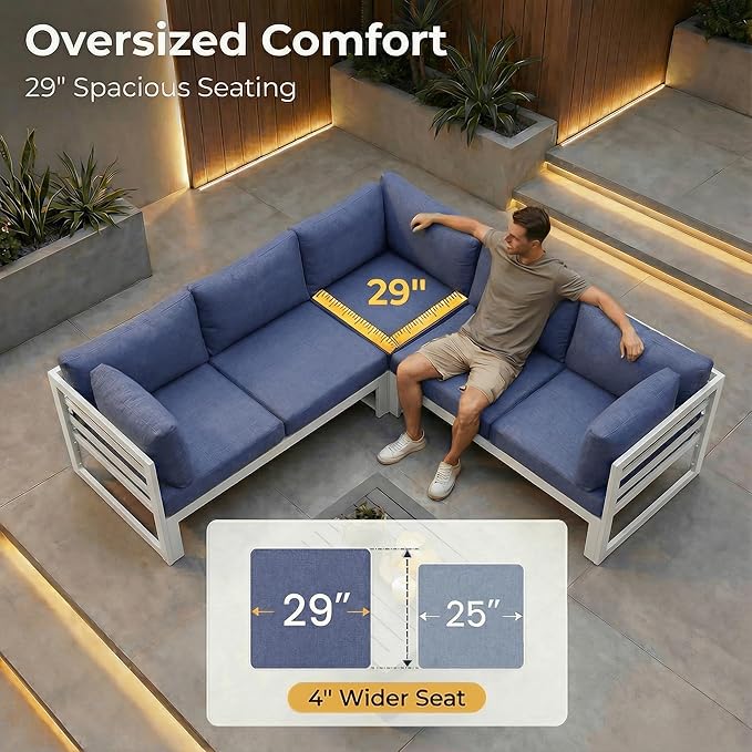 NICESOUL 9 Pcs Oversized Modern Aluminum Patio Furniture Set, All Weather Modular Sectional Sofa with Chaise & Fireplace, 500 lbs Heavy Duty Comfortable Outdoor Couch for Poolside Backyard, Denim Blue