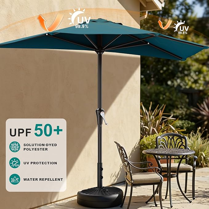 AreShark 9FT Half Patio Umbrella, Outdoor Wall Umbrella with Crank & 5 Sturdy Ribs, Table 1/2 Umbrella Patio for Garden, Deck, Balcony and Pool, Lake Blue