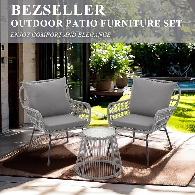 Bezseller 3-Piece Outdoor Patio Furniture Set - Rattan L-Shaped Sectional Sofa All-Weather PE with Detachable Lounger, Glass Coffee Table & Thick Cushions - Backyard, Poolside, Porch (Grey, 2 Seats)