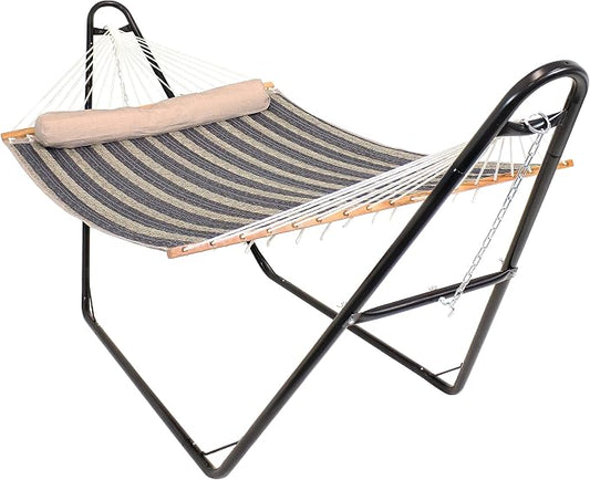 Sunnydaze Quilted Double Hammock with Stand for Outside - 440 lb Capacity Universal Black Steel Stand - UV Resistant, Quick Dry Fabric - Pillow, Chains, and Hardware Included - Mountainside