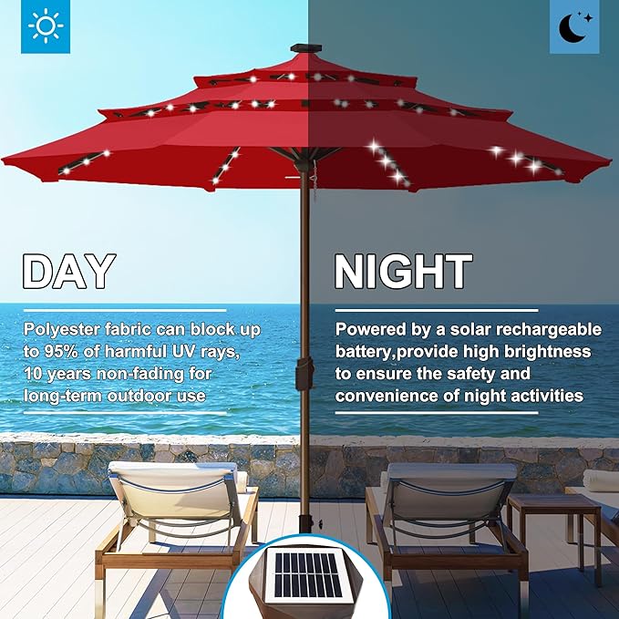 Eurmax USA 10-Year-Non-Fading 10FT 3-Tier Outdoor Patio Market Umbrella with LED Lights,UPF50+ UV Resistant,Commercial Grade,Crank Lift Design,Windproof Vented Top for Garden,Pool,Deck,Logo Red