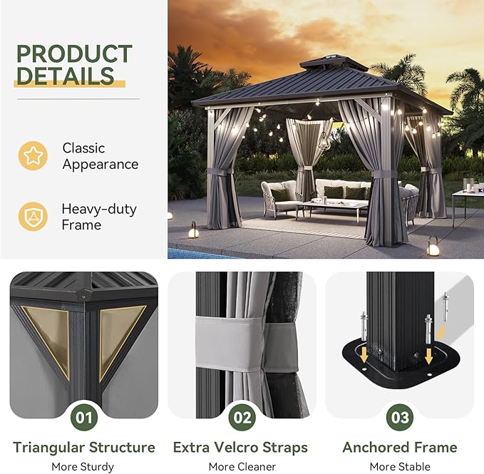 Aoxun 12'x12' Hardtop Gazebo, Metal Frame Canopy with Double Galvanized Steel Roof, Outdoor Metal Pavilion with Netting, Curtains for Backyard, Patio and Deck