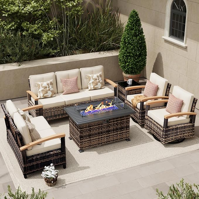 MEISSALIVVE 6 Pieces Patio Furniture Sets with Fire Pit Table, Wicker Outdoor Conversation Sets with Swivel Glider Chairs, Outdoor Patio Set for Porch,Deck,Balcony(Beige)