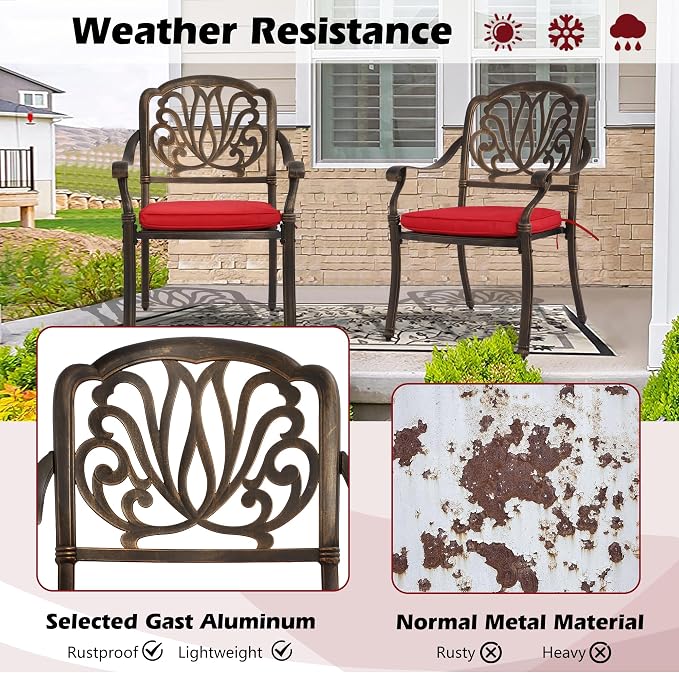 MAGIC UNION 9 Pieces Outdoor Dining Set, Cast Aluminum Retro Patio Dining Set Includes 87" Rectangular Dining Table with Umbrella Hole and 8 Stackable Dining Chairs with Cushions (Red)