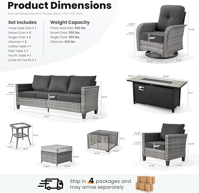 ovios 10 Pieces Patio Furniture Set, Outdoor Wicker Sofa Couch with Rocking Swivel Chairs Solar Light Table Fire Pit, Modern Deep Seat Rattan Conversation Sets, Black