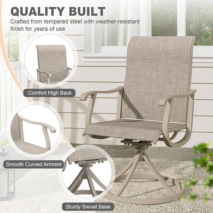 VICLLAX Patio 9 Pieces Outdoor Dining Set, 60" Round Metal Table with Umbrella Hole and 8 Swivel Textilene Chairs for Lawn, Garden, Porch, Sandshell