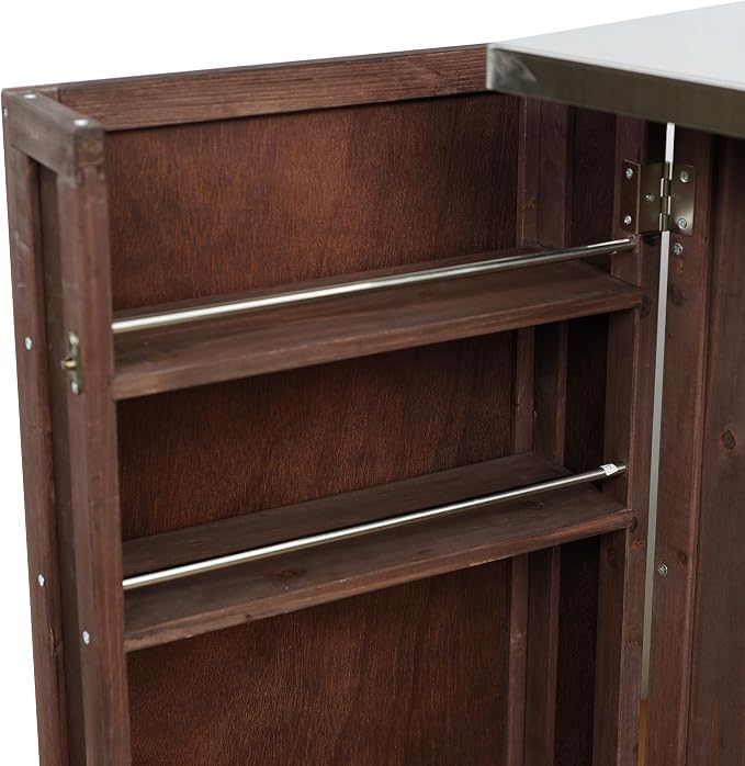 Outdoor Storage Deck Box Cabinet with Stainless Steel Worktop, Fir Wood Patio Prep Station with Lockable Wheels and Towel Rack for Backyard Organization, 40.5 inch, Dark Brown