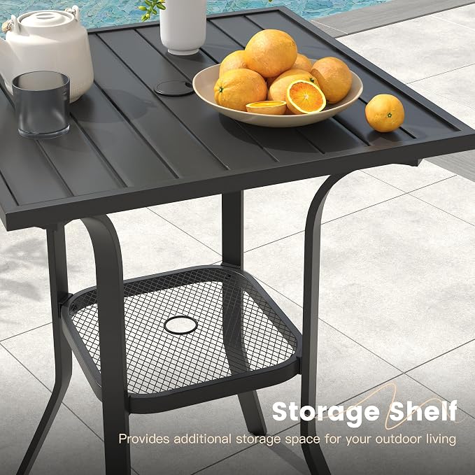 VICLLAX Patio Bar Height Table, Outdoor Square Bistro Table with Umbrella Hole, Metal Frame and Slat Design, Ideal for Patio Lawn Backyard Porch, Black