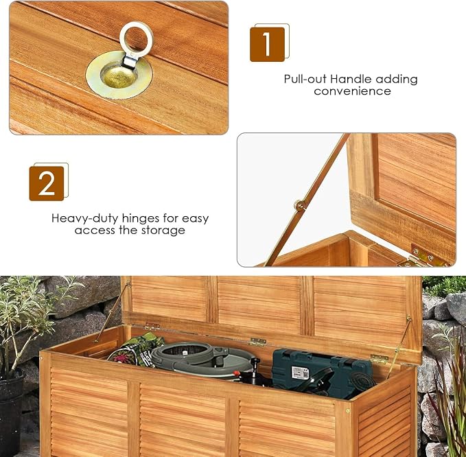 HOMGX Acacia Wood Outdoor Storage Box, 46 Gallon Deck Box Patio Bench for Toys Storage, Gardening Tools, Porch, Backyard