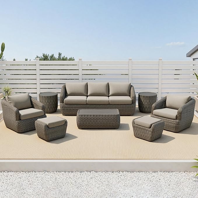 CHITA 8 Pieces Patio Wicker Furniture Set, Outdoor Rattan Bistro Set with Removable Thickened Cushions, Fully Assembled