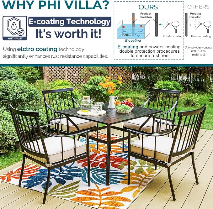 PHI VILLA 5-Piece Patio Dining Set, 37" Square Steel Table, Fixed Chairs | Cushions Chairs, Umbrella Hole, All-Weather Use