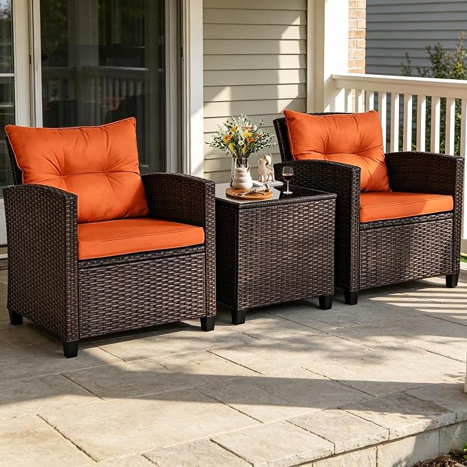 ORALNER 3 Pieces Patio Furniture Set, Outdoor Wicker Conversation Set Rattan Chairs with Cushions, Glass Coffee Table, Bistro Set for Front Porch Balcony Garden Deck Poolside (Orange)