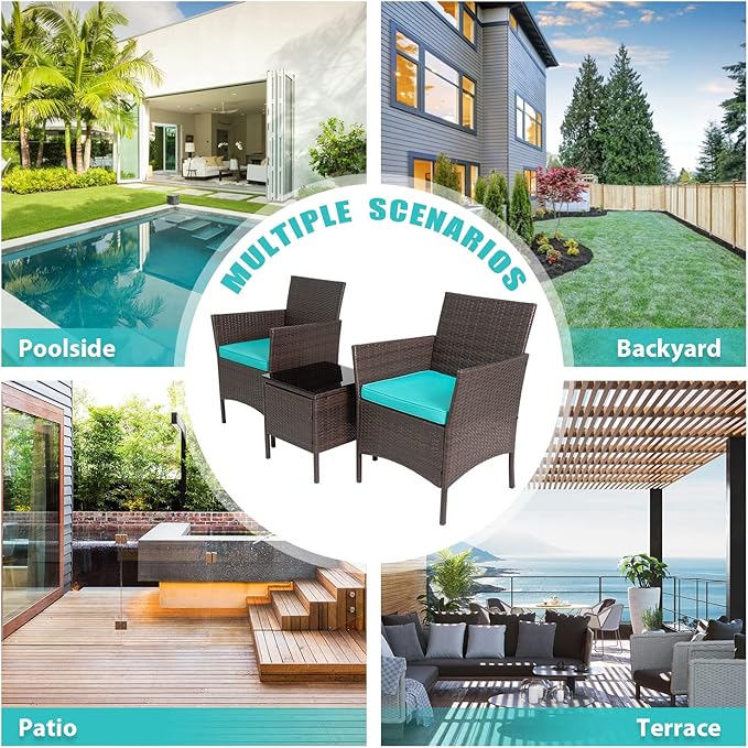 PayLessHere 3-Piece Outdoor Wicker Conversation Bistro Set Outdoor Patio Porch Furniture Sets for Yard, Garden with 2 PE Rattan Wicker Chairs, 2 Cushions,1 Coffee Table (Blue)