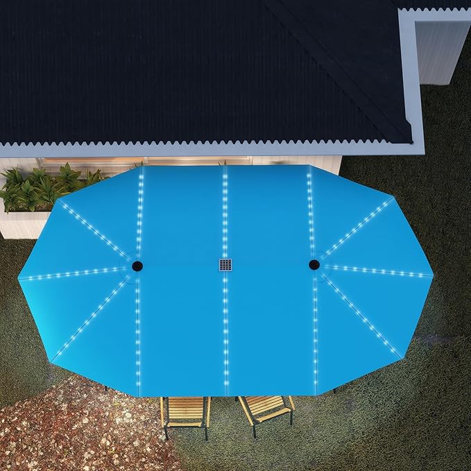Outsunny 15ft Extra Large Patio Umbrella with Bright Solar Lights, Aluminum UPF50+ Double-Sided Outdoor Table Market Umbrella with Fiberglass Ribs Crank Air Vents for Backyard Deck Pool