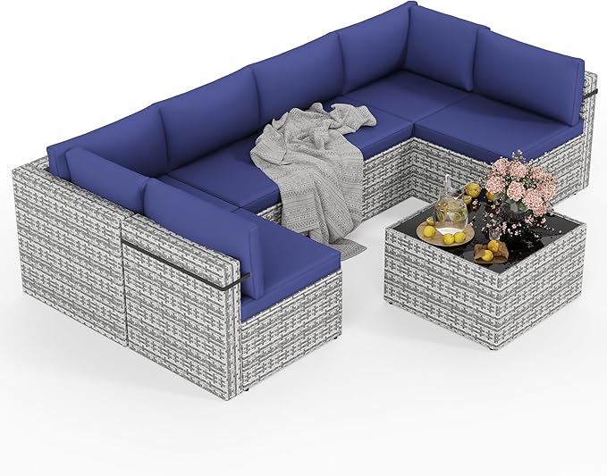 7-Piece Outdoor Sectional Sofa Set, Weather-Resistant Patio Furniture Set with Washable Cushions and Coffee Table, Grey Rattan Patio Conversation Set for Poolside, Backyard, Deck (Navy Blue)