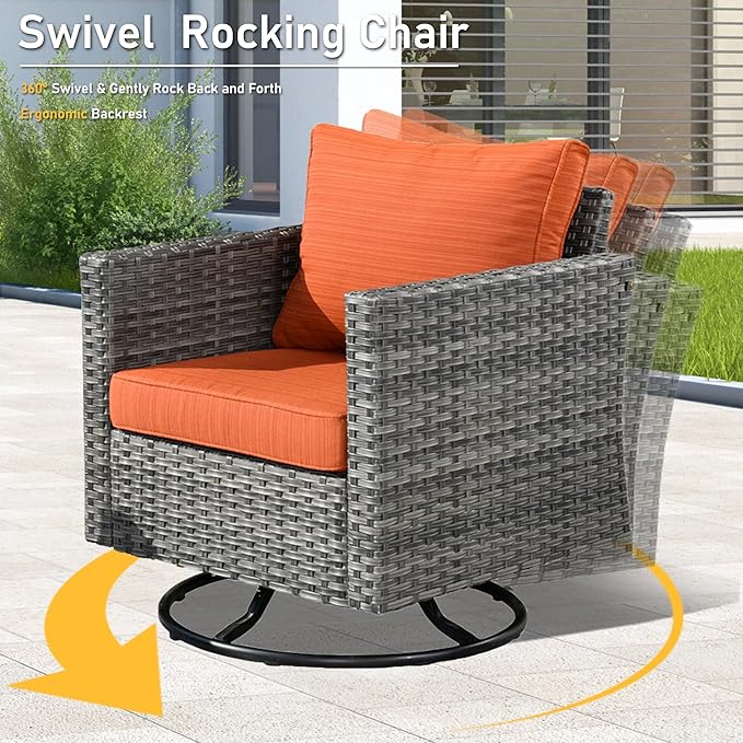HOOOWOOO Wicker Outdoor Swivel Bistro Set for 2,3 Piece Patio Rocking Chairs and Table,All Weather Resistant Outside Out Door Rattan Rockers Furniture Set,Orange Red