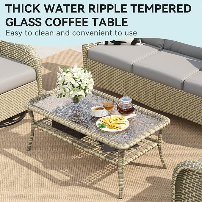 LazySunsets 7 Piece Outdoor Patio Furniture Set with Coffee Table, Wicker Rattan Outdoor Furniture with High Back Swivel Rocker Chairs, Outdoor Conversation Sets with Thick Cushions, Grey