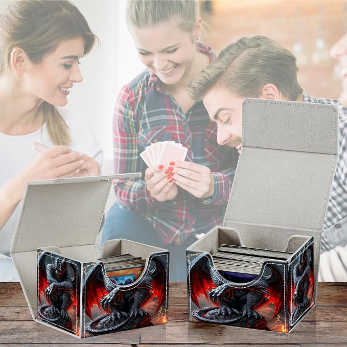 Card Deck Box for MTG, Cards Storage Box Fits 120+ Sleeved, Leather Small Size Strong Magnetic Closing Card Case for Board Games Magic TCG CCG Baseball Collection, Red-Winged Dragon