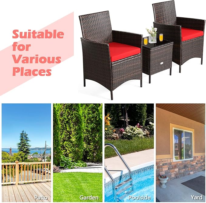 3 Pieces Patio Furniture Set, Wicker Outdoor Furniture with Water-Resistant Cushion & Tempered Glass Top Table, Conversation Set Bistro Set for Porch, Balcony, Backyard (Red)