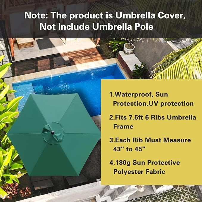 Sunnyglade 7.5ft Patio Umbrella Replacement Canopy Market Umbrella Top Outdoor Umbrella Canopy with 6 Ribs