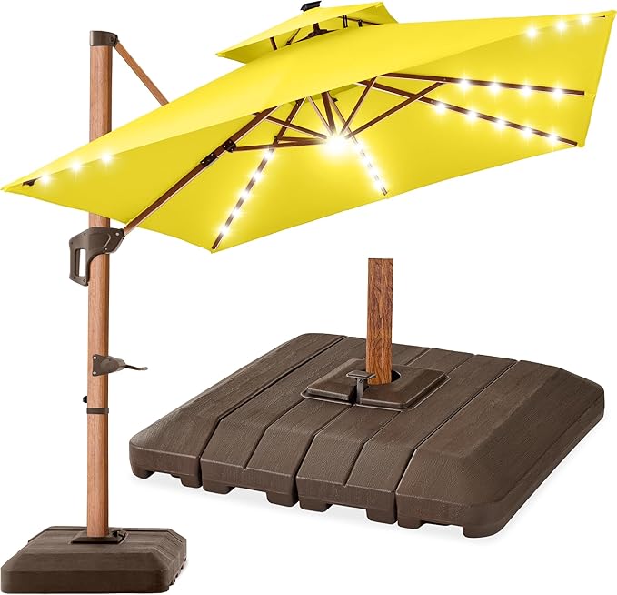 Best Choice Products 10ft Square Cantilever Patio Umbrella w/Base Included, Woodgrain Pattern Pole & Solar LED Lights, 360-Rotation, Offset Hanging Outdoor Shade