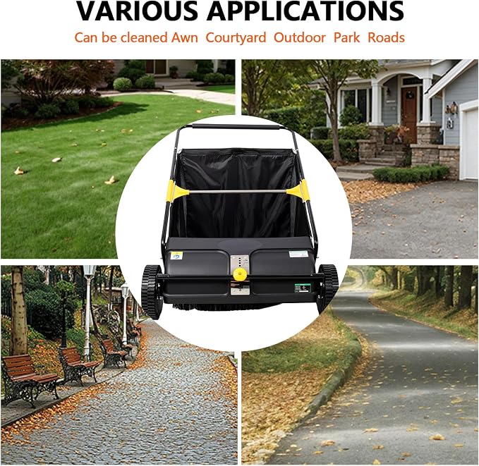 2026 Upgraded 26 Inch Push Lawn Sweeper | 4 Spinning Brushes & Adjustable Height for Deep Cleaning | Large 3.5 cu ft Bag for Leaves, Grass, Debris on Lawns & Driveways (26 Inch,Black)